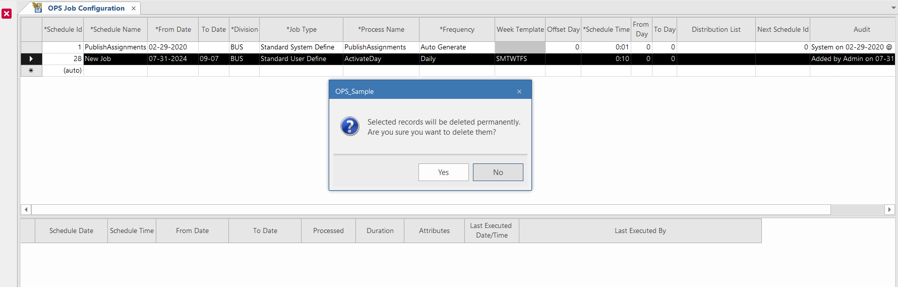 A dialog showing a message that says 'Selected records will be deleted permanently. Are you sure you want to delete them?" and offers Yes and No options.