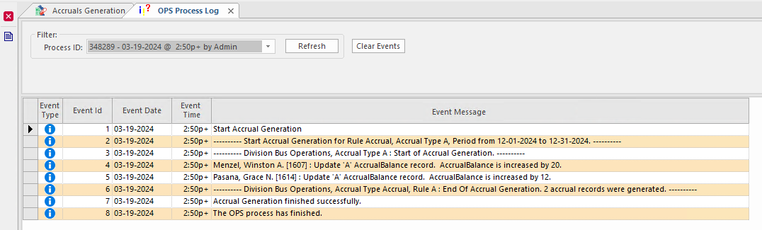 The OPS Process Log showing an Accrual Generation Event Message.