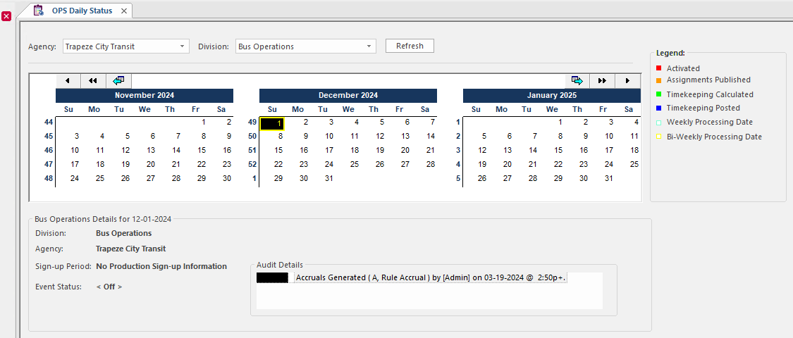 OPS Daily Status with Accrual Generation Information