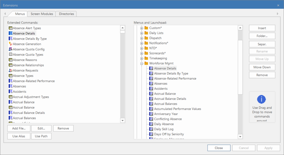 The Extensions dialog, with menu button options shown on the right.