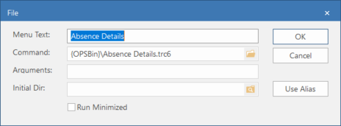 The File dialog showing Menu Text and Command data.