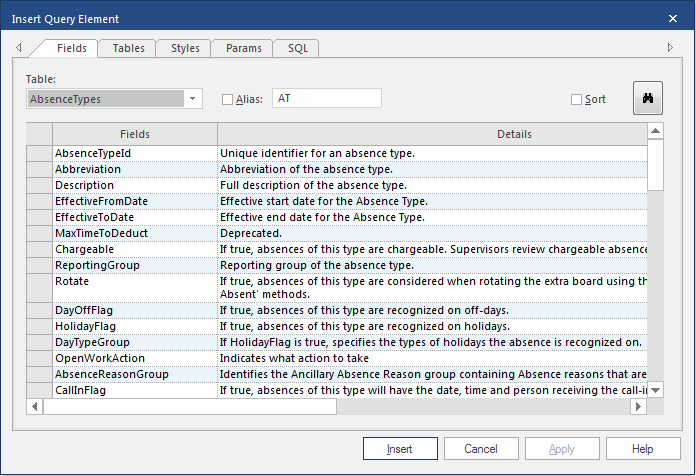 Field query with table selected