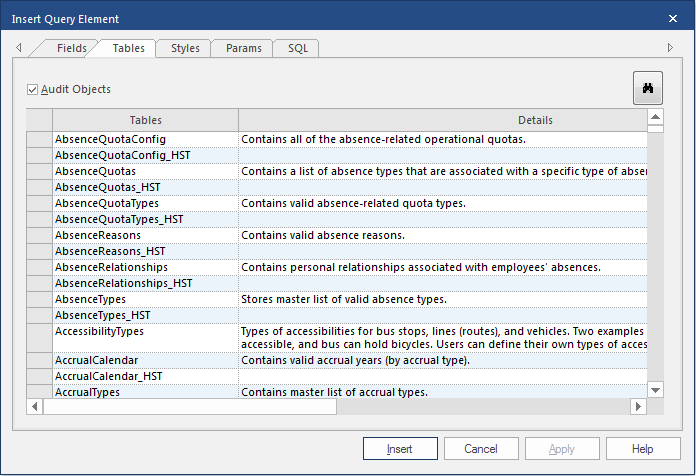 Tables with Audit Objects Selected