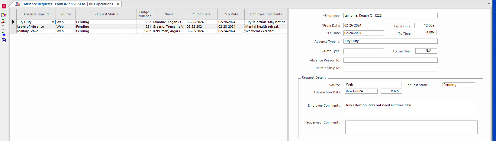 Absence Requests Screen