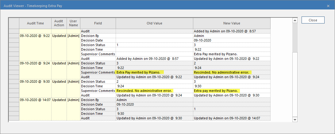 Audit Viewer record with Supervisor Comments highlighted in yellow.