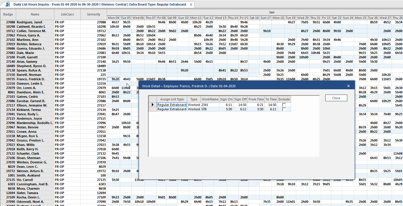 Daily List Hours Inquiry screen example