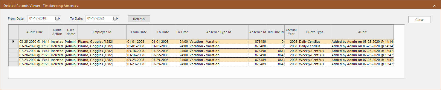 Example of deleted records
