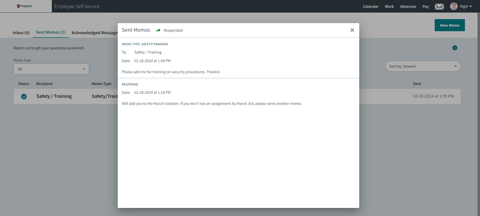 The Sent Memos dialog with the Message page shown behind it.