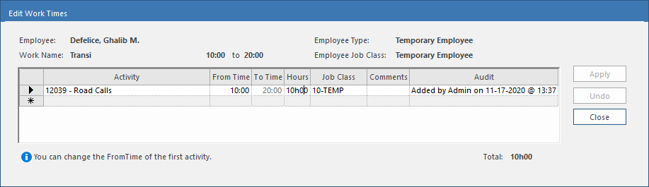 Edit Work Times dialog showing an Activity record, including From Time, To Time, Hours, Job Class, and Comments.