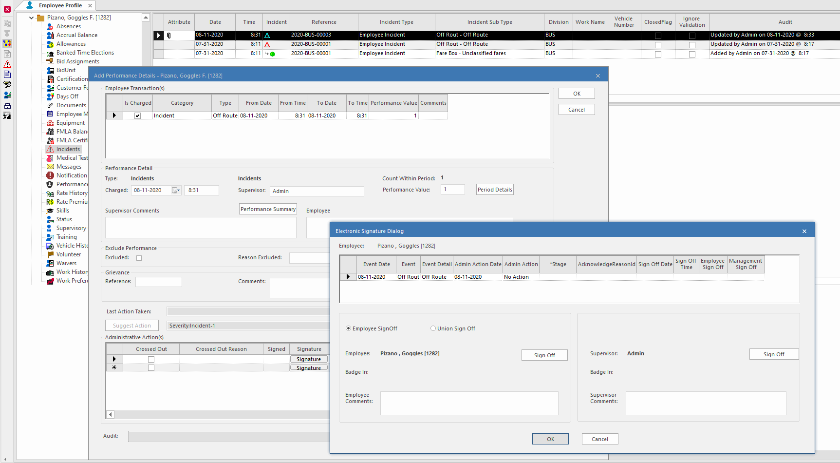 Employee Profile screen with Incidents selected; the first incident highlighted; the Add Performance Details dialog open; the Electronic Signature Dialog open; and the Employee Sign Off option selected.