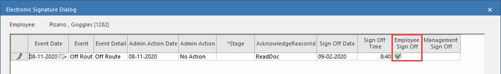 The Electronic Signature Dialog showing the Employee Sign Off check mark circled in red.
