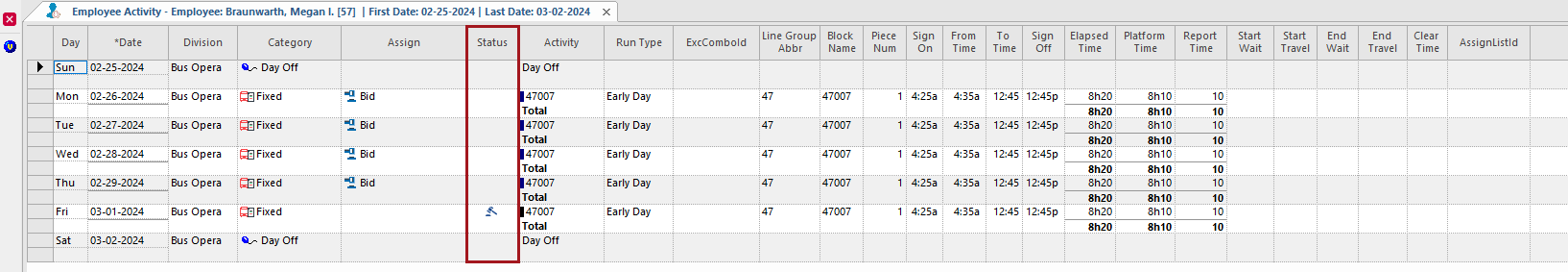 Employee Activity screen