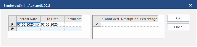 Cost Allocation dialog for employee