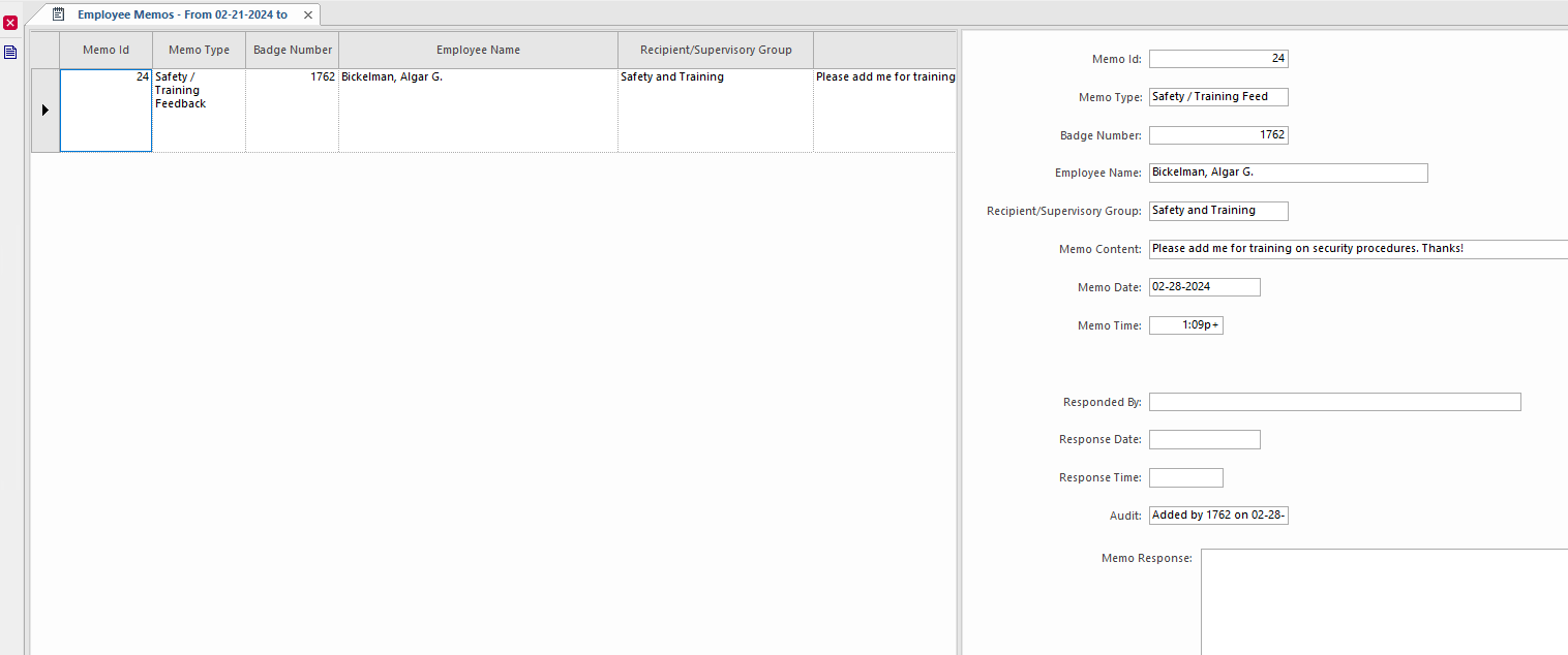 Employee Memos screen