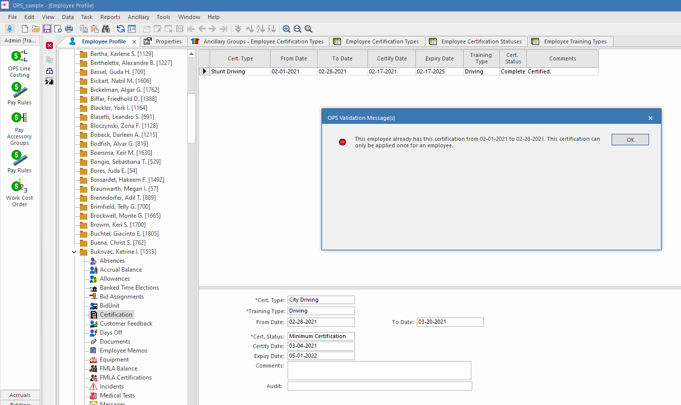 Employee Profile screen showing the OPS Validation Message that appears for overlapping certification types.