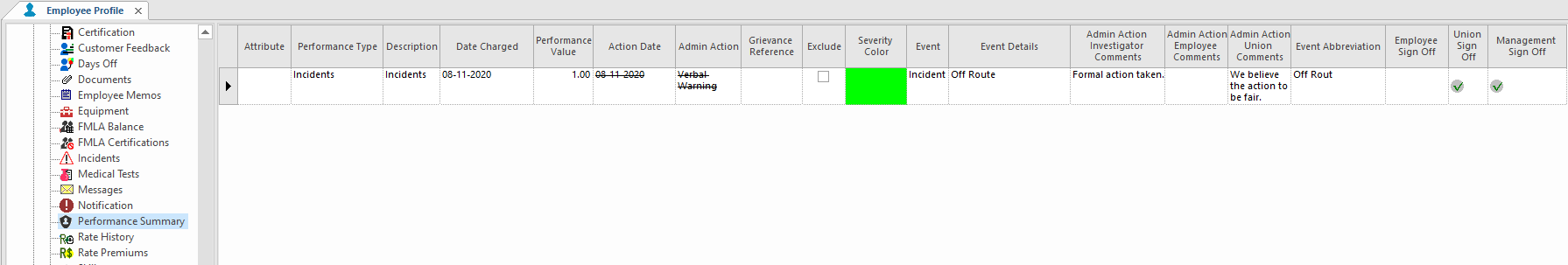 The Employee Profile - Performance Summary screen showing a record with an Action Date and Admin Action crossed out.