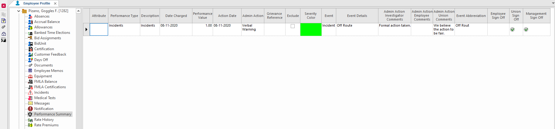 The Employee Profile - Performance Summary screen showing the admin action Comments columns for Employee, Union, and Supervisor, and the Sign Off columns for Employee, Union, and Supervisor. Check marks and comments are shown for union and supervisor.