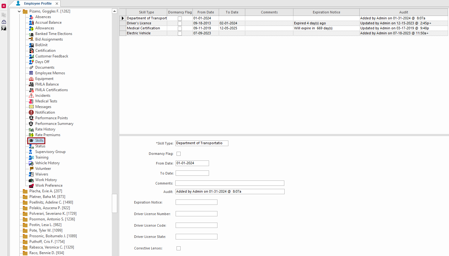 Employee Profile screen with the Skills option circled in red.