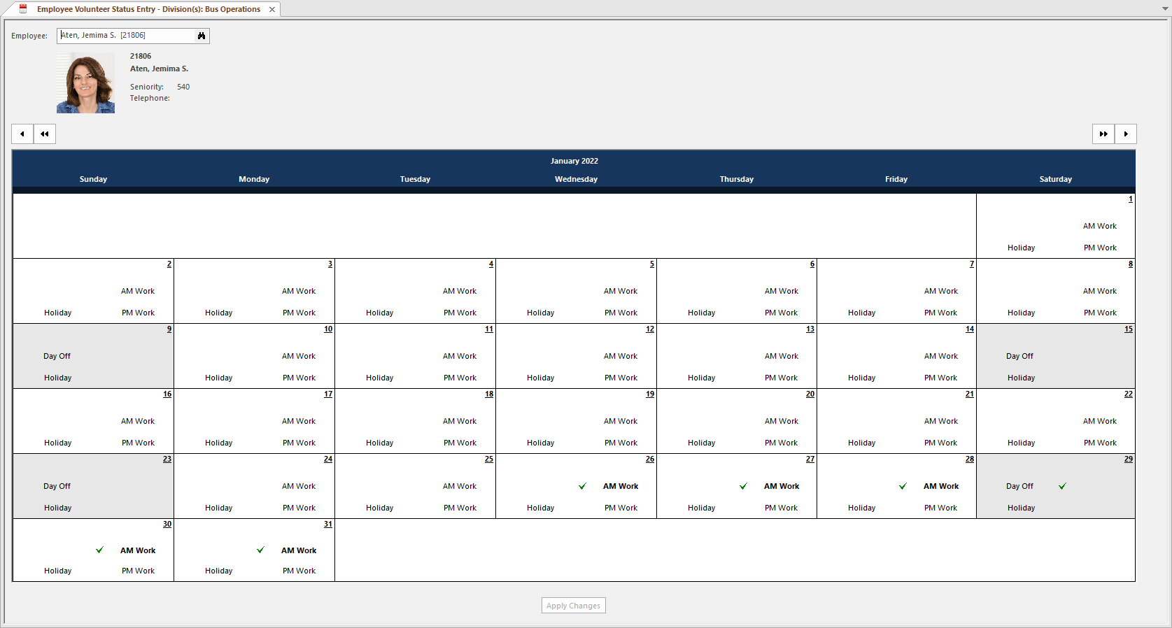 Employee Volunteer Status Entry Screen
