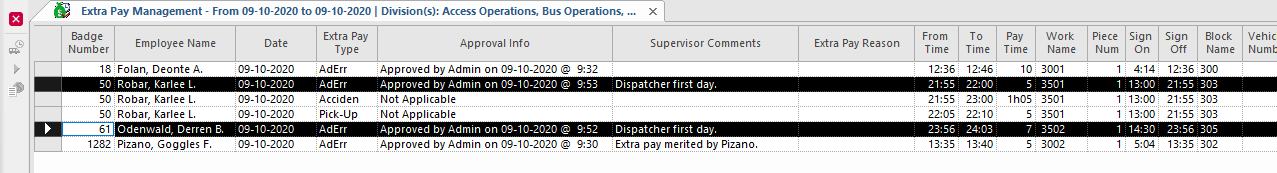 The Extra Pay Management screen with two record highlighted. The Approval Info and Supervisor Comments are the same for both records.