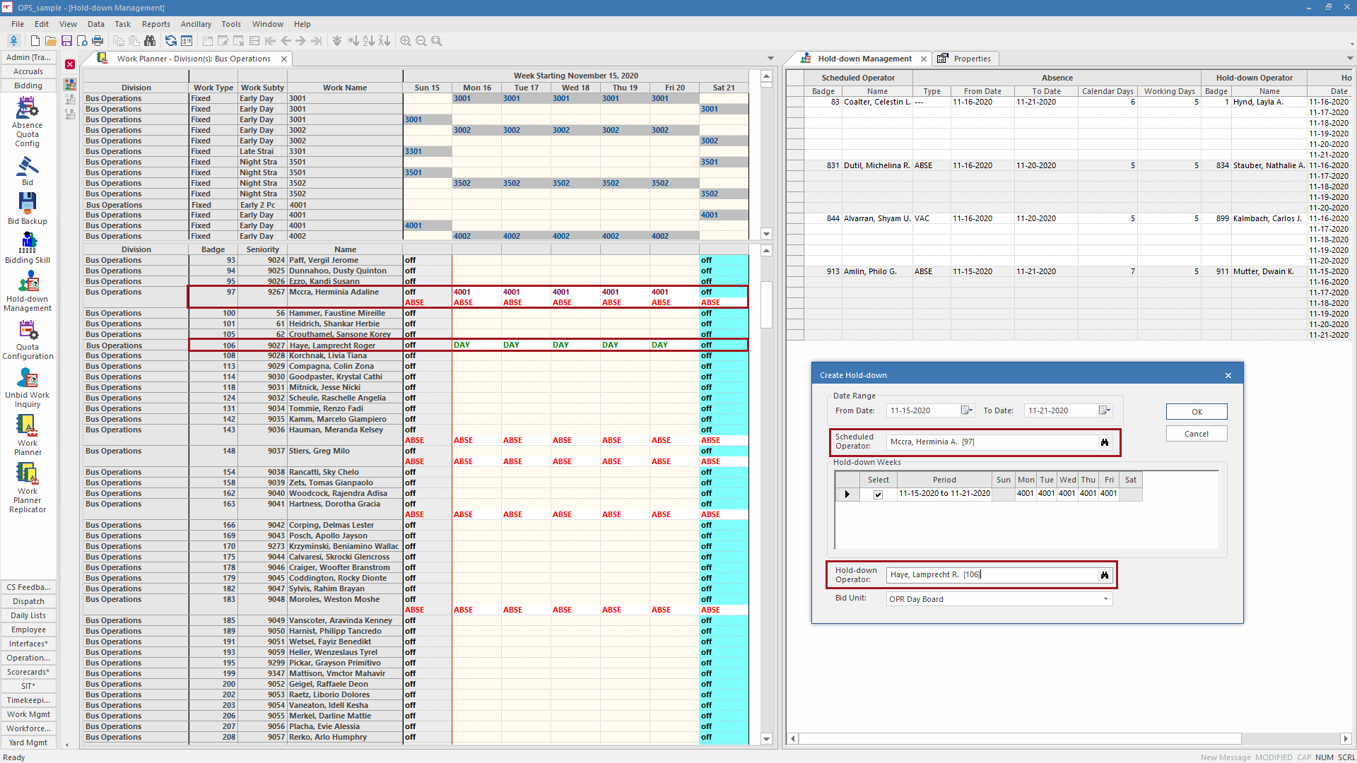The WorkPlanner and Hold-down Management with the WorkPlanner employees circled in red and the Create Hold-down dialog showing.