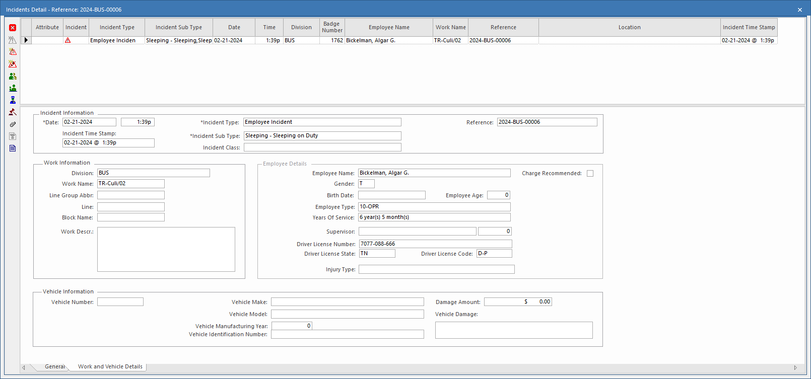 Incidents Detail Work and Vehicle Details tab