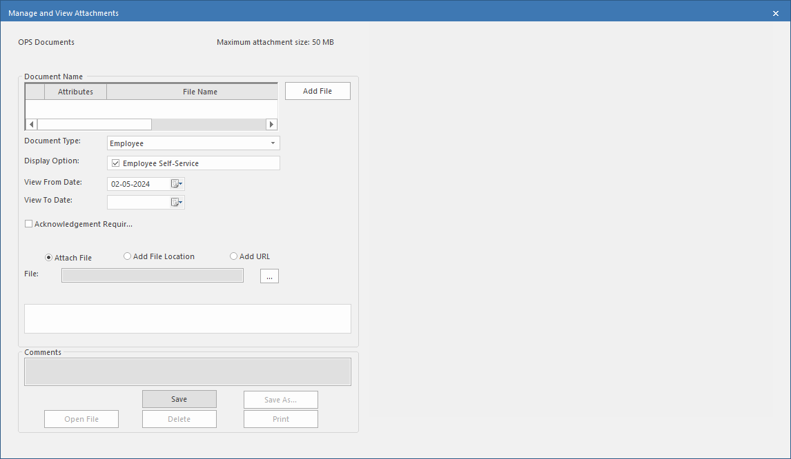 Manage and View Attachments dialog with the Employee Document Type defined.
