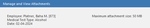 Manage and View Attachments dialog showing Employee, Medical Test Type, and Date for a Medical Tests document type.