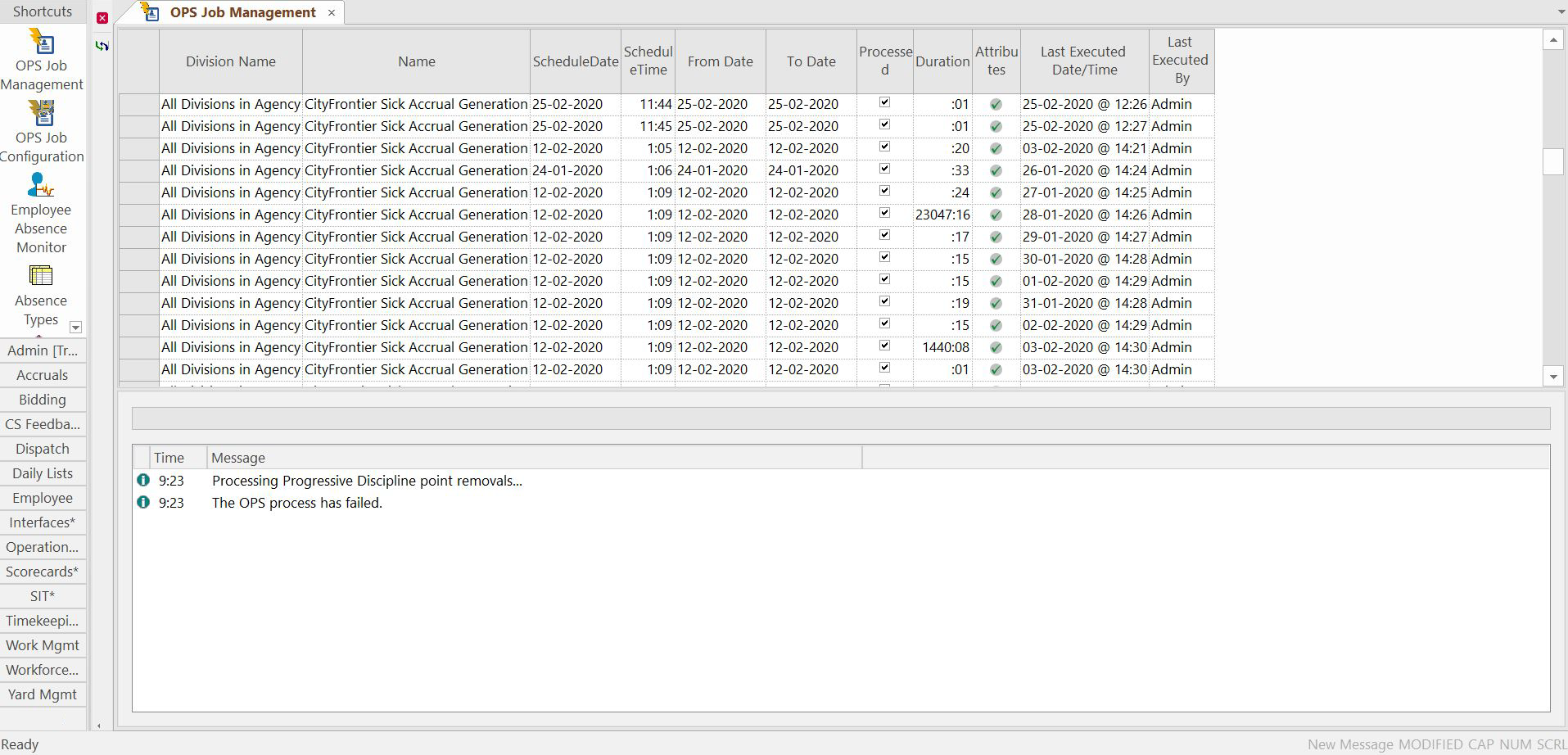 OPS Job Management screen