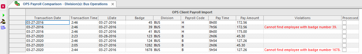 OPS Payroll Comparison screen showing an imported list with violations marked in red.