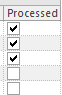 Processed column showing three selected boxes and two cleared boxes.