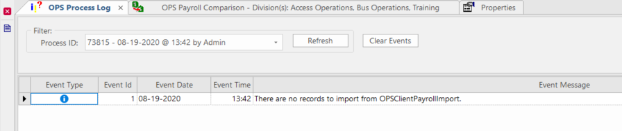 The OPS Process Log showing that there were not records to import from OPSClientPayrollImport.
