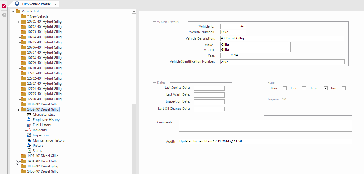OPS Vehicle Profile screen showing vehicle details