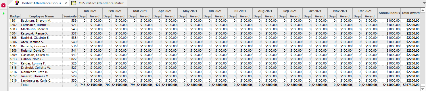 Perfect Attendance Bonus screen