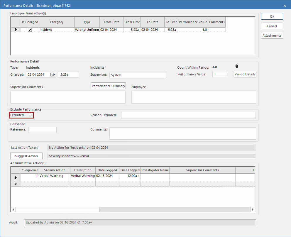Performance Details - Excluded Example