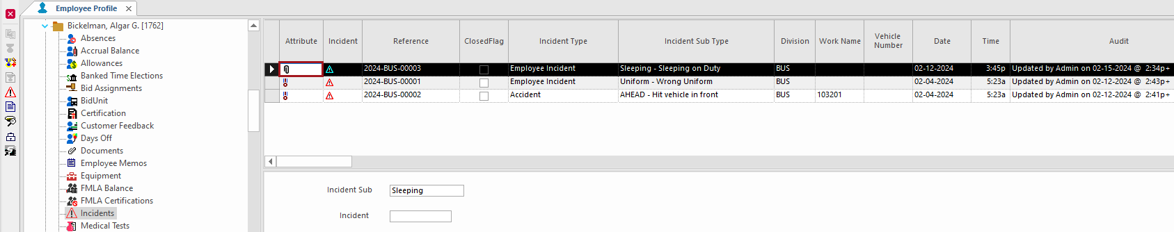 The Employee Profile - Incidents screen with the Attributes entry circled in red.