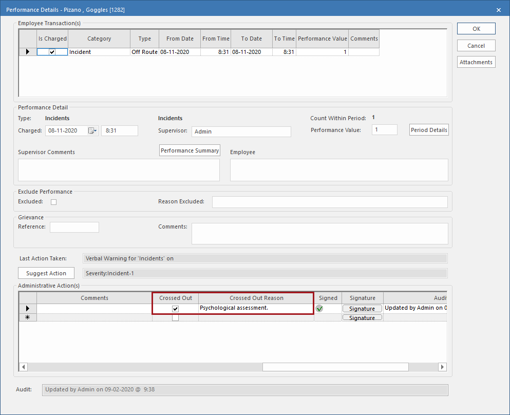 Performance Details dialog with Crossed Out and Crossed Out Reason circles in red.