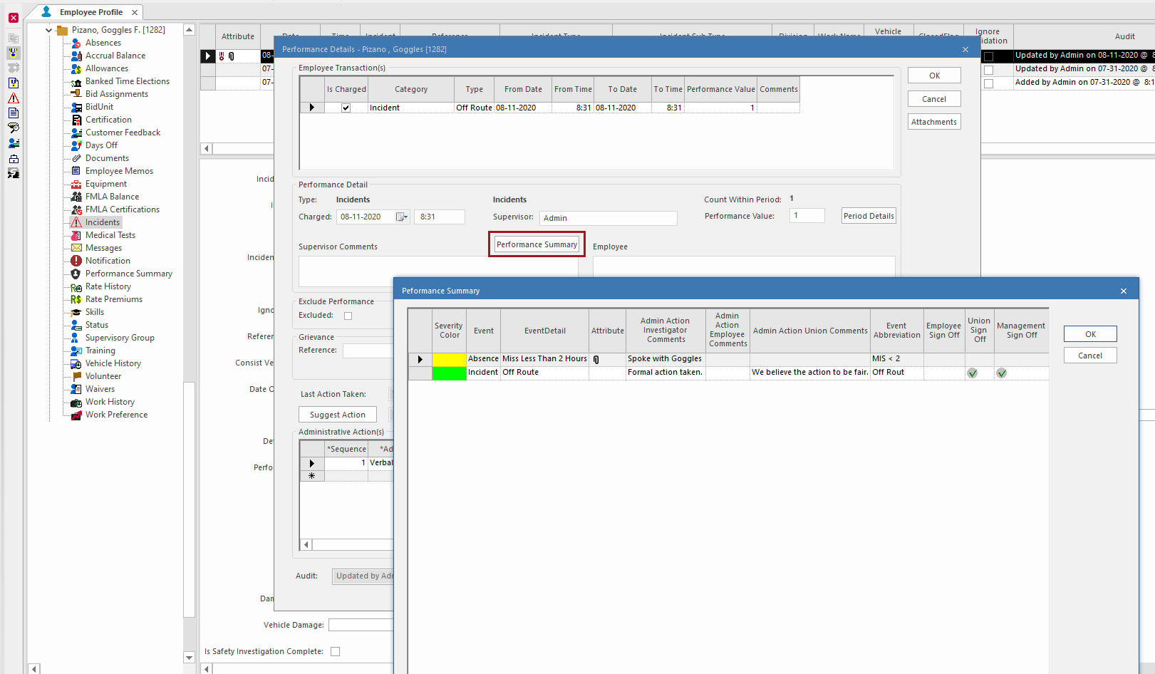 The Performance Summary button circled in red in the Performance Details dialog with the Performance Summary dialog showing the administrative actions and signature sign offs.