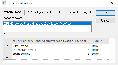 Dependent Values dialog with a highlighted Dependencies record and three defined Values.