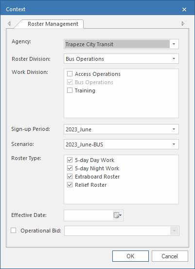 Roster Management tab showing a defined Agency, Roster Division, Sign-up Period, Scenario, Roster Types, and an Effective Date to be selected.