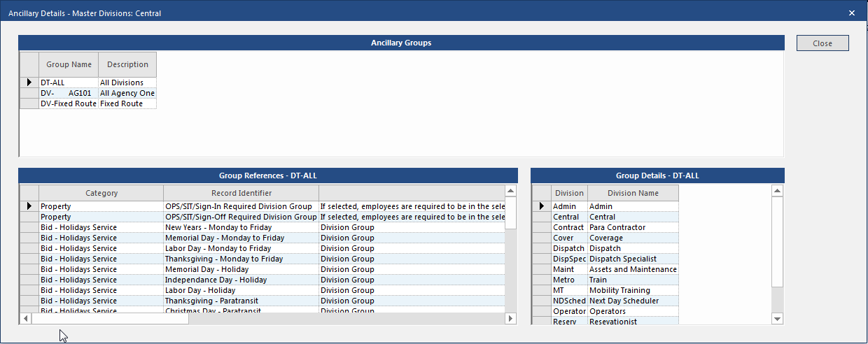 Show Ancillary Details for OPS Master Divisions