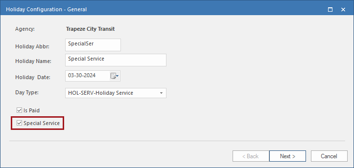 Special Service Option on Holiday Configuration