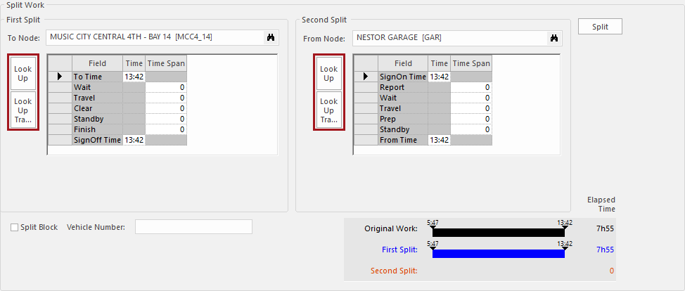 The lower part of the Split Work dialog with the Look Up and Look Up Travel buttons circles in red.