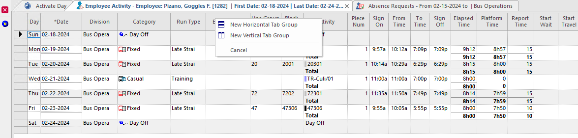Menu that includes the New Horizontal Tab Group, New Vertical Tab Group, and Cancel options.