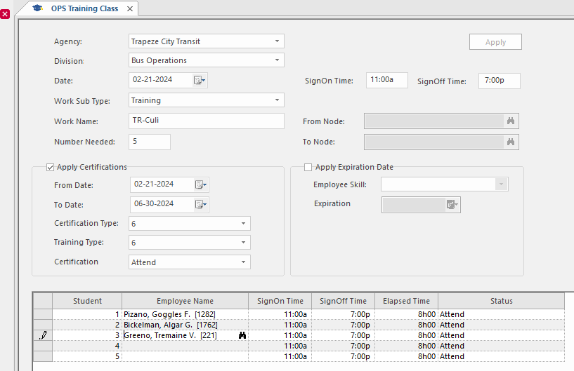 Training Classes with Assignment Grid