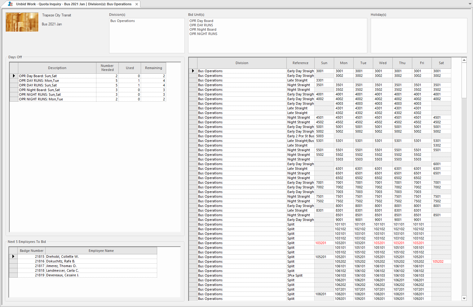 Unbid Work Inquiry screen