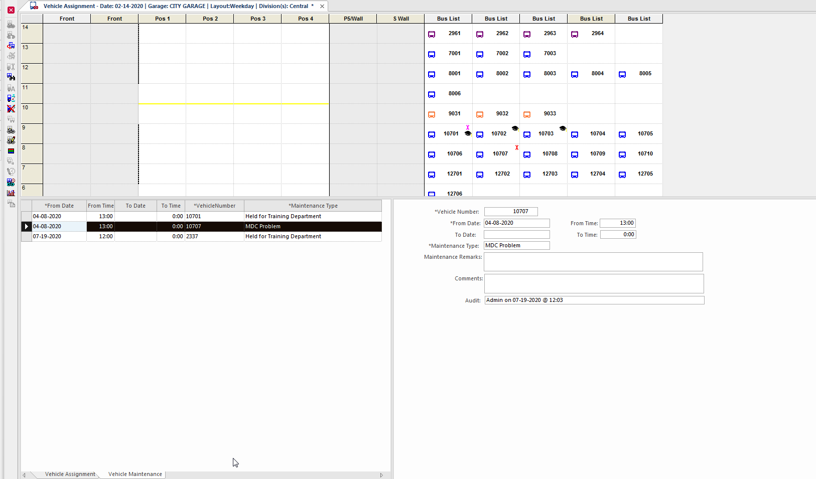 Vehicle Maintenance tab of Vehicle Assignment