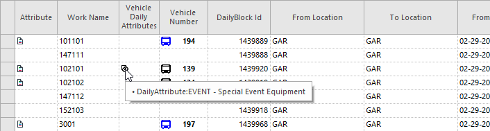 The Vehicle Daily Attributes column showing a tooltip for a Daily Attribute symbol.