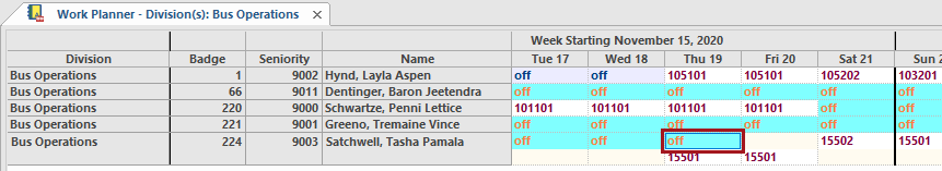 Work Planner with off circles in red for Thursday the 19th.