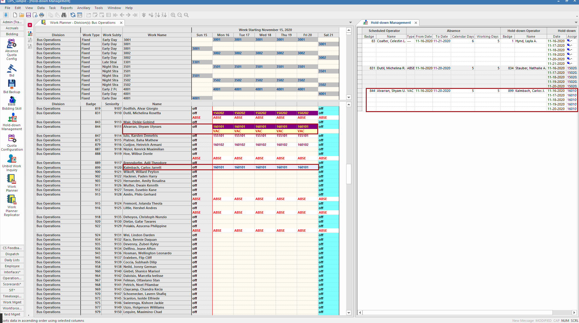 Work Planner and Hold-down Management showing a specific hold-down circles in red.